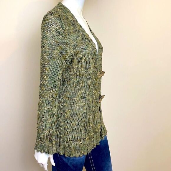 BCBGMAXAZRIA Olive Green Tweed Sweater Wooden Buttons L - Picture 3 of 6